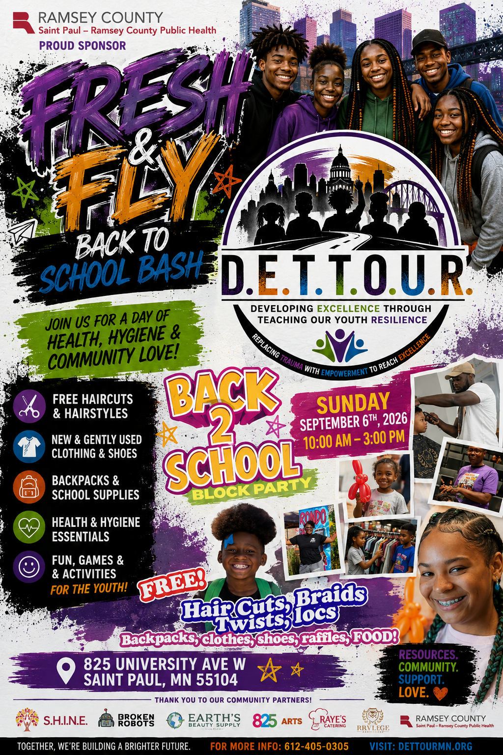 Fresh and Fly Back to School Bash flyer with event details and community resources